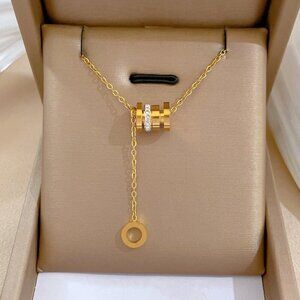 18K Gold Plated Stainless Steel Y Style Necklace With Spinning Barrel, Zircon